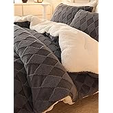hadamick Tufted Fleece Comforter Set King - Super Soft Warm Fluffy Shaggy Bedding Sets, Diamond Plaid Jacquard Bed Set for Winter, 1 Sherpa Comforter with 2 Pillow Cases (104"X90" Grey)