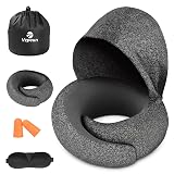 Vzpeun Travel Pillow - Hooded Neck Pillow Airplane Memory Foam Filling for Plane, Office, Cars Sleeping, Road Trip, Long Flights, Portable Plane Accessories, Includes Eye Mask & Earplugs (Dark Gray)