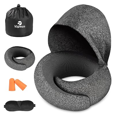 Vzpeun Travel Pillow - Hooded Neck Pillow Airplane Memory Foam Filling for Plane, Office, Cars Sleeping, Road Trip, Long Flights, Portable Plane Accessories, Includes Eye Mask & Earplugs (Dark Gray)
