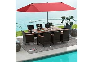 Tangkula 10 Piece Patio Rattan Dining Set with 15Ft Double-Sided Umbrella, Outdoor Heavy Duty Acacia Wood Table and Stackable Wicker Chairs Set, Umbrella with Weighted Base