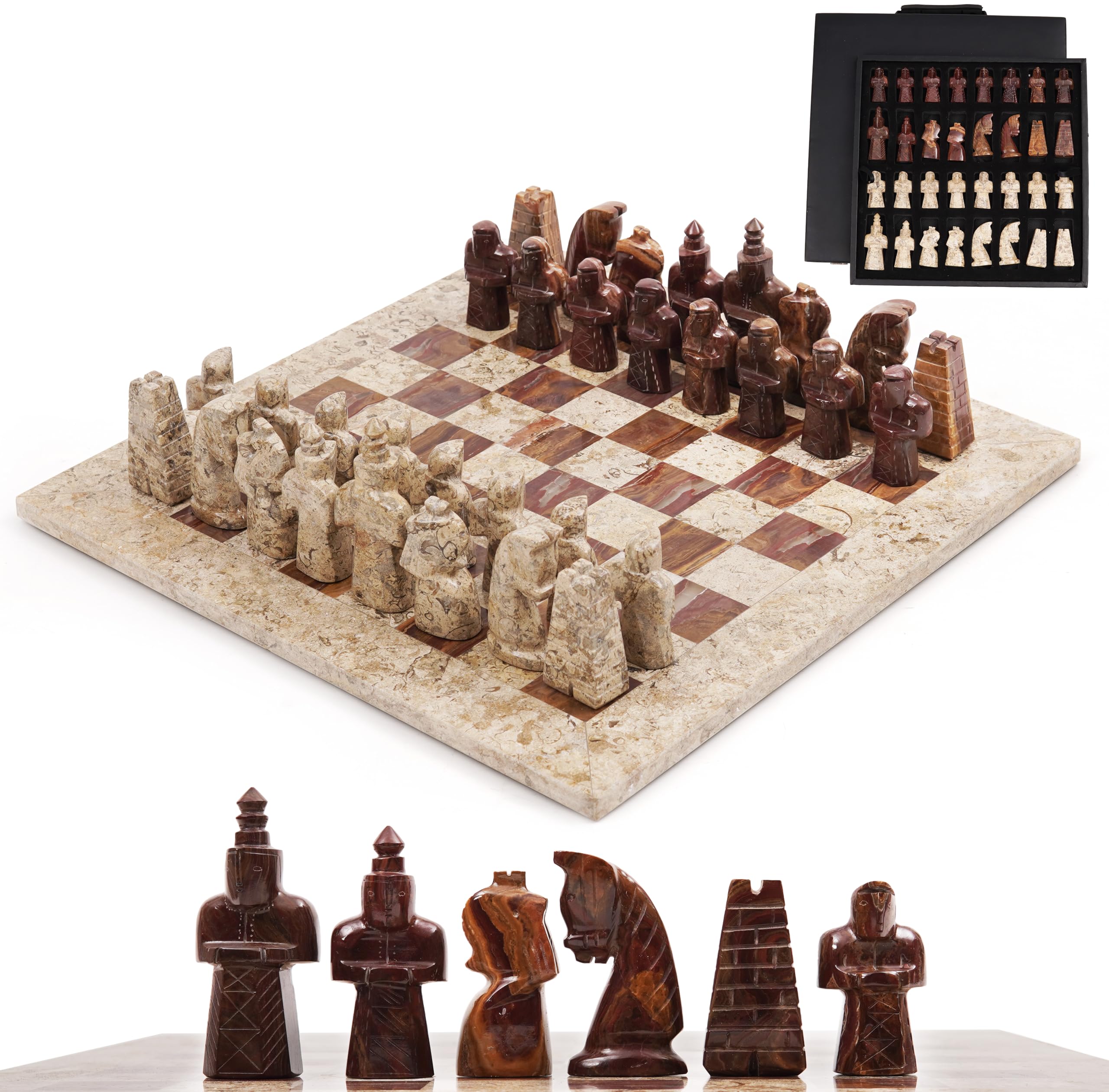 Radicaln Marble Chess Set 15" Inches with Storage Box Luxury Board Games for Adults, Ideal Marble Antique Chess Board Game Set & Chess Pieces for Home Decor Fossil Coral and Dark Brown