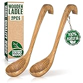 2 Pcs Wooden Ladle for Soup – 10.8×2.8" Bamboo Ladle for Soup & Sauces with Deep 2.7 fl oz Capacity & Lacquer-Coated Finish – Heat-Proof Wooden Cooking Spoons with Hook Handles for Kitchen & Catering