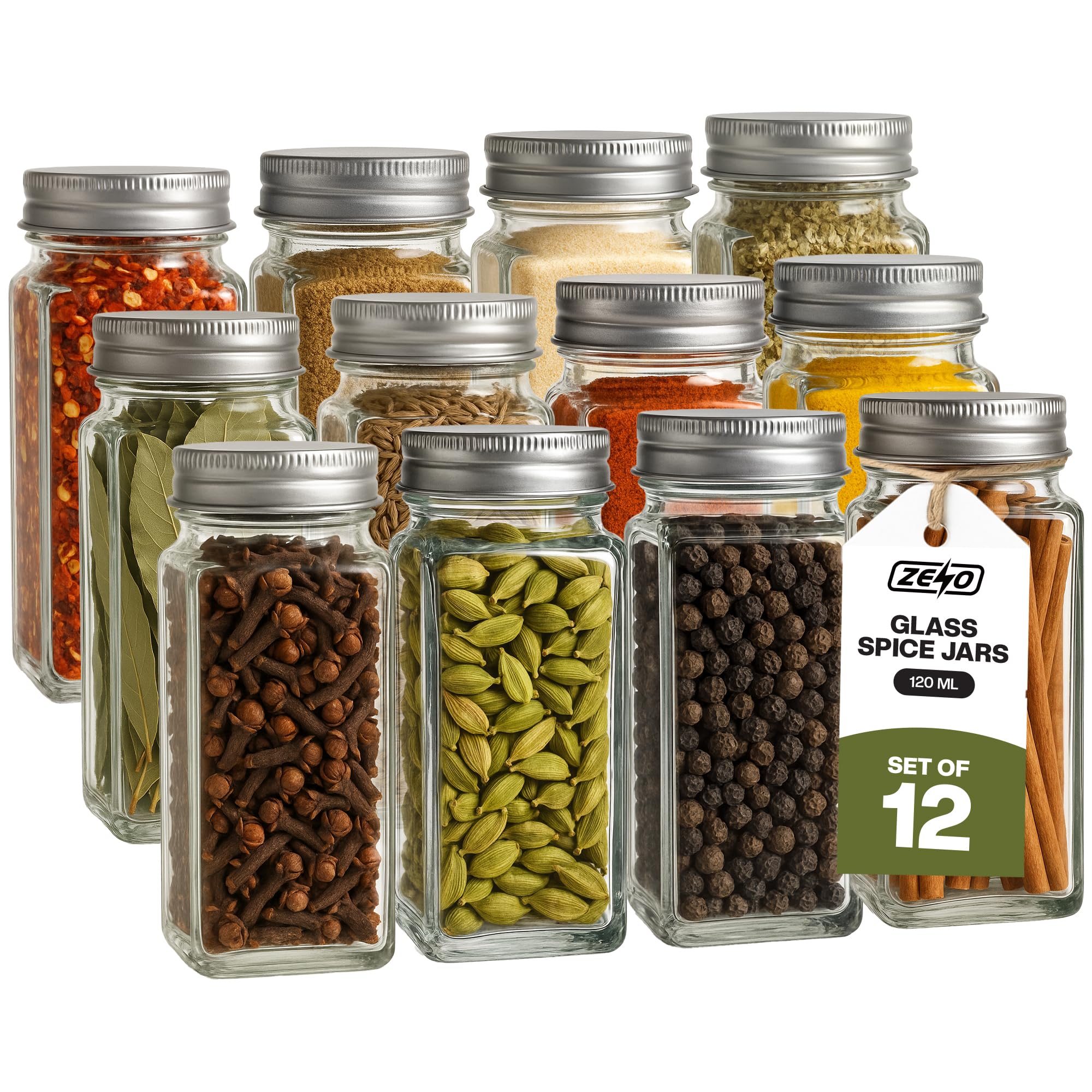 ZENO Spice Jars with Shaker Lids 12 Pack | Spice Shaker Jars | Spice Jars with Lids | Glass Storage Bottles | Screw Top | Herb Containers | Seasoning Shaker | Empty Jars with Labels