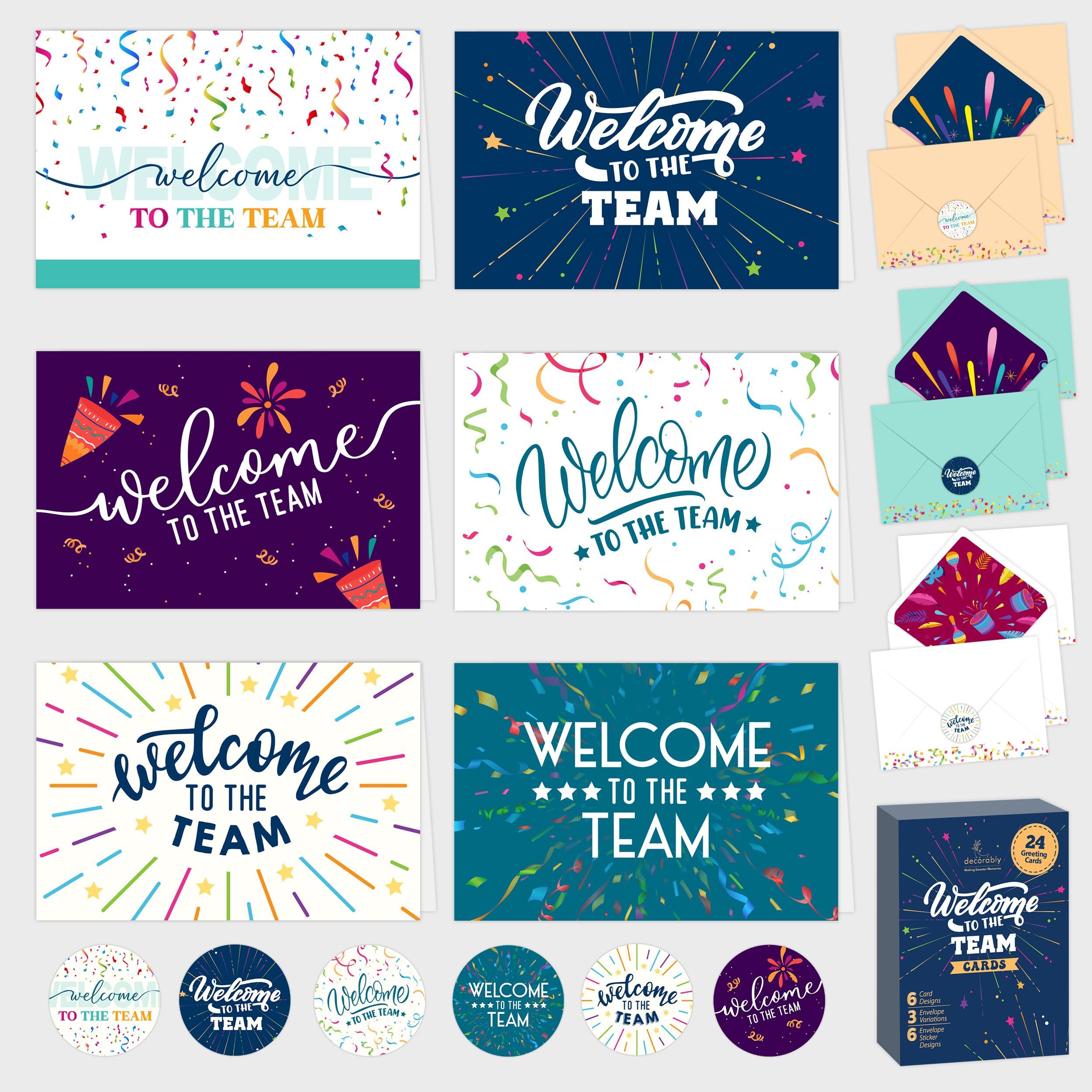 Photo 1 of Decorably 24 Pack 6x4in Welcome To The Team Cards for Employees with Envelopes and Stickers, 6 Festive Designs Blank Welcome Cards for New Employees, Blank Inside - Office