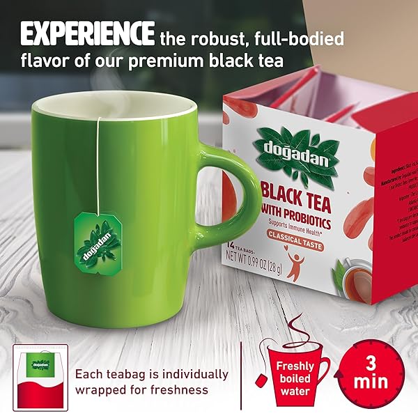 DOGADAN PROBIOTIC BLACK TEA FOR IMMUNE SUPPORT, CAFFEINATED, INDIVIDUALLY WRAPPED TEA BAGS, 14 COUNT (PACK OF 1)