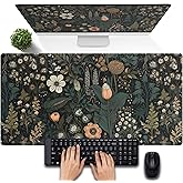Dark Flower Desk Mat Floral Plants Mouse Pad, Aesthetic Wildflowers Large Gaming Mousepad Desk Pad, XXL Keyboard Mouse Mat Full Desktop Mat Women Office Desk Accessories Cover Mat 31.5