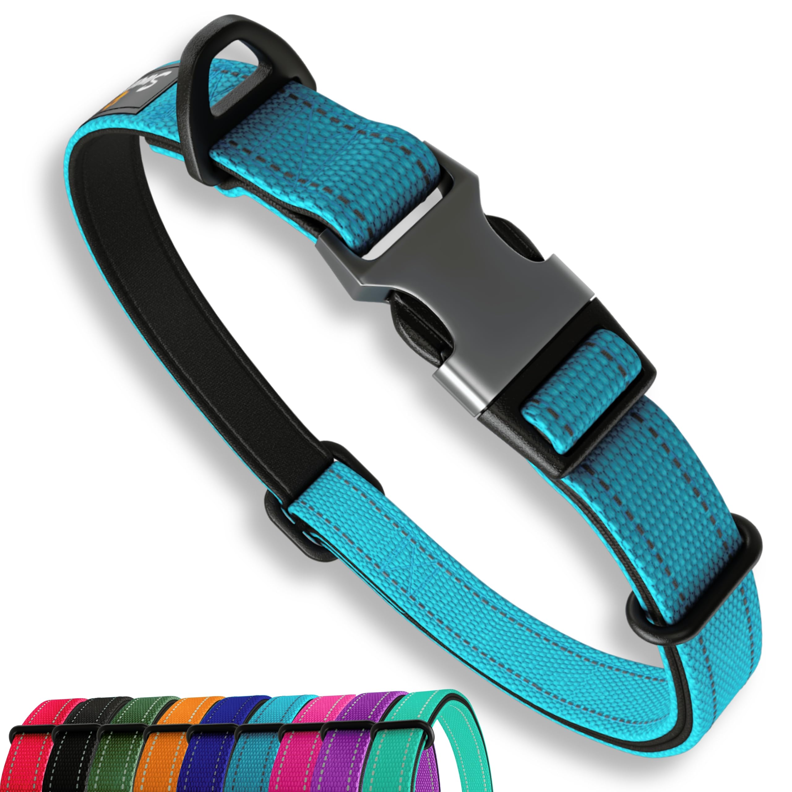 Blue Dog Collar Medium Dogs – Strong Reflective Adjustable Padded Dogs Collars - Aluminium V-ring Dog Safety