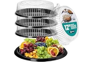 HOUZZKINGZ USA 12" Catering Trays With Lids [3 Pack] - Black Serving Tray, Clear Lid, Plastic Disposable Round Party Platters, Flan Containers, Dessert Sandwich Cookie Food Trays for Parties