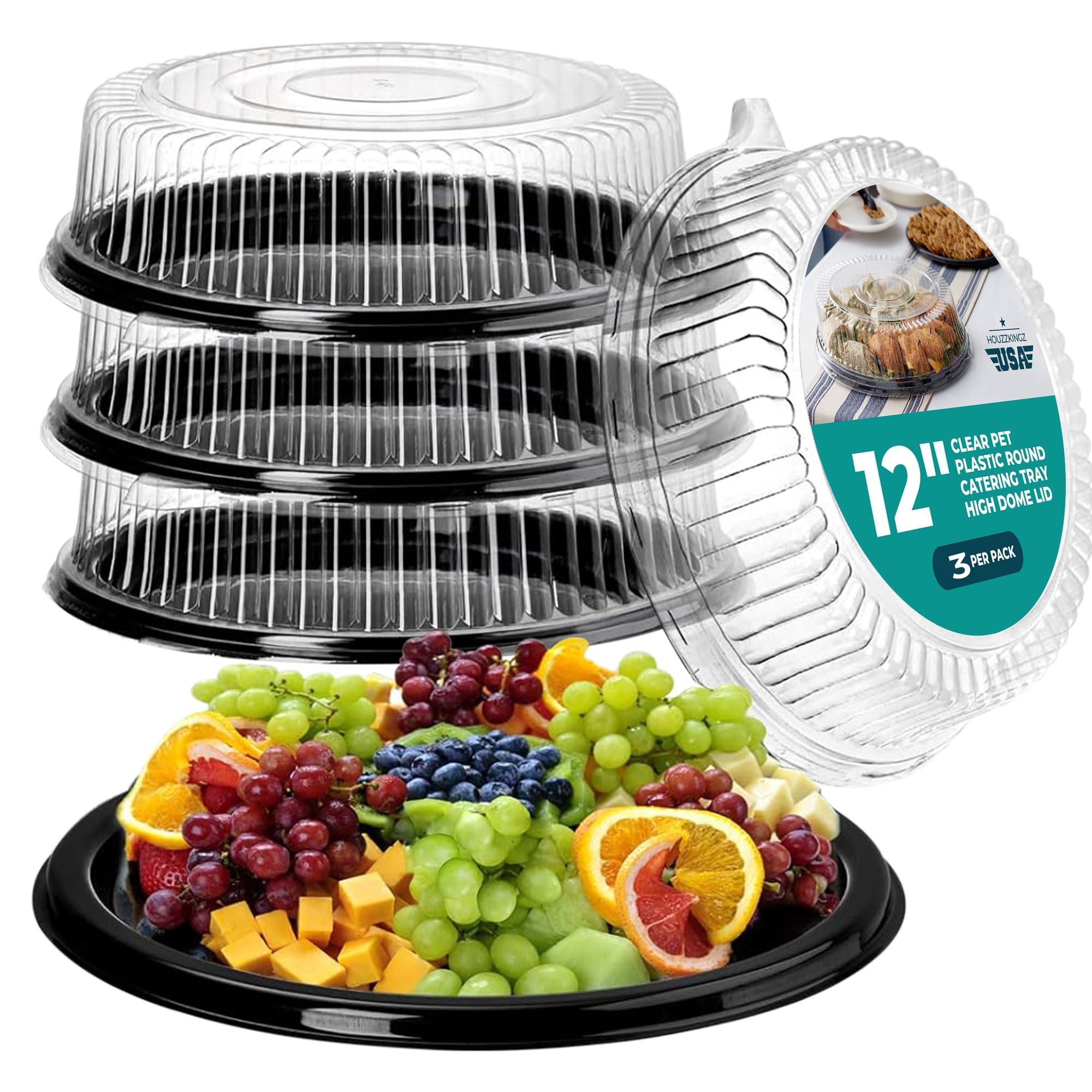 Photo 1 of 12" Catering Trays With Lids [3 Pack] - Black Serving Tray, Clear Lid, Plastic Disposable Round Party Platters, Flan Containers, Dessert Sandwich Cookie Food Trays for Parties