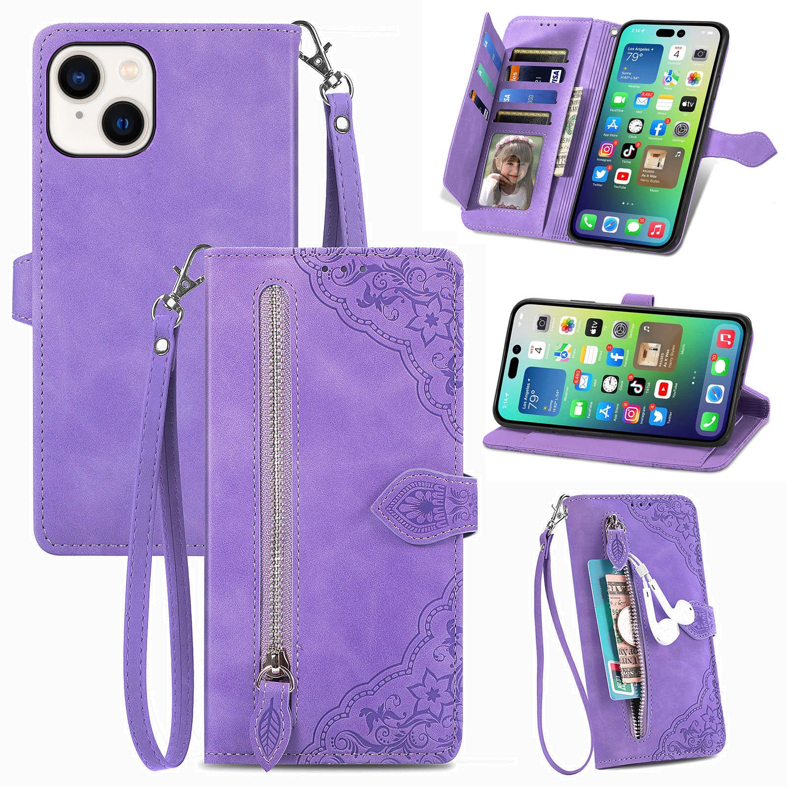 Photo 1 of TopFunny Cases for iPhone 14 Plus Wallet Case for Women with Card Holder Retro Embossed Flower Zipper Flip Wallet PU Leather Protective Cover with Detachable Strap for Apple iPhone 14 Plus 6.7" Purple