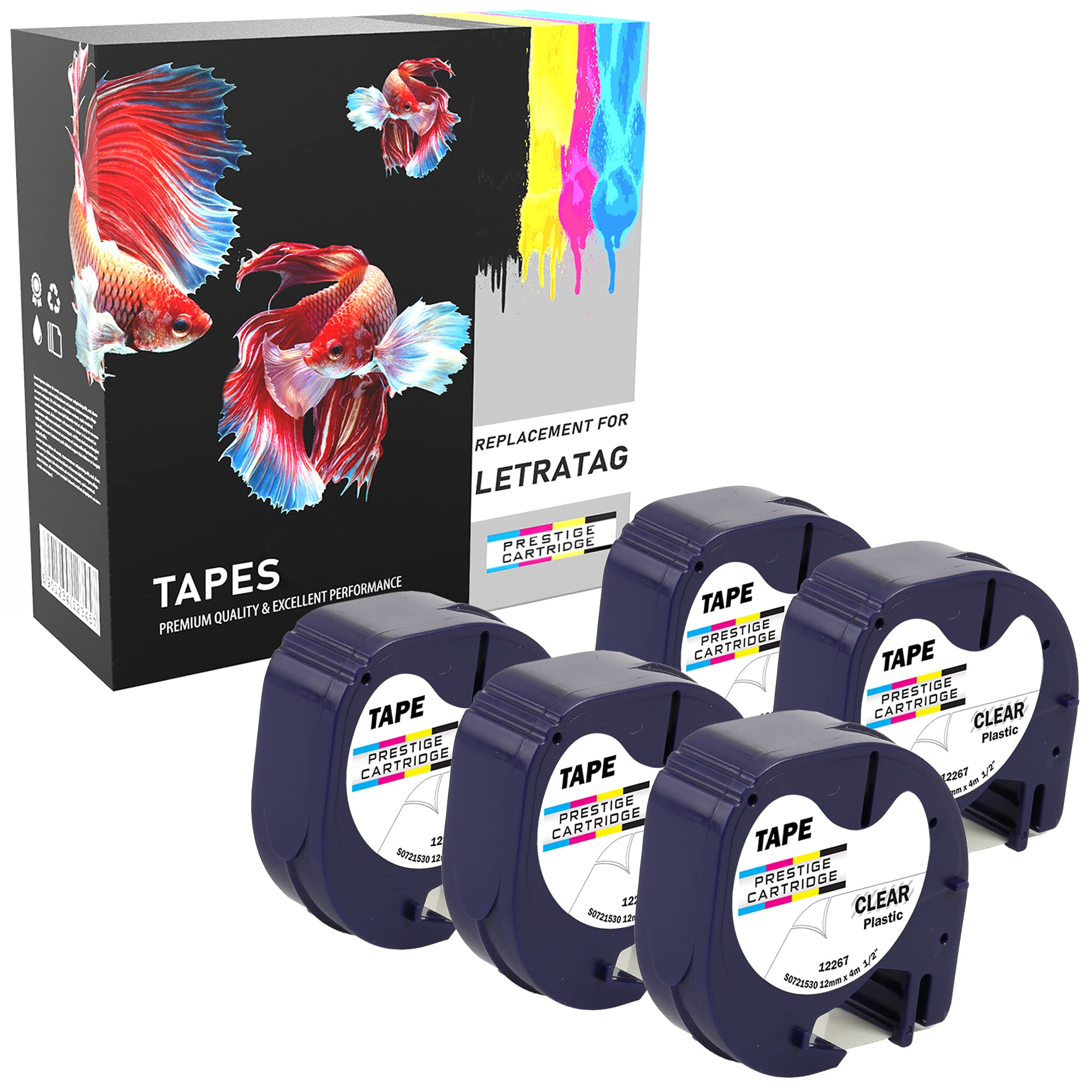 Prestige Cartridge 5 Compatible 12267 S0721530 S0721550 Black on Clear 12mm x 4m Plastic Label Tapes for Dymo LetraTag LT100H LT100T LT110T QX50 XR XM 2000 Plus Label Makers