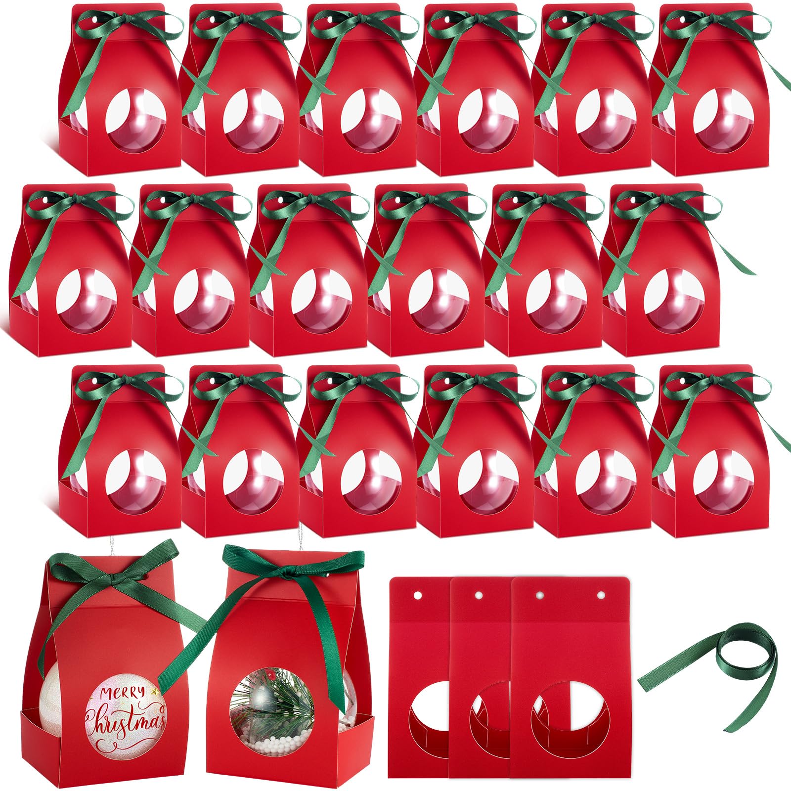 Photo 1 of 20 Pcs Christmas Ornaments Balls Gift Bags Christmas Tree Balls Gift Box with Window DIY Ornament Clear Ornaments Holder for Shipping Selling Packaging (80mm,Red)