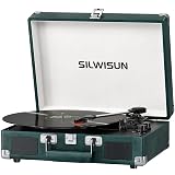 Vinyl Record Player with Speakers Vintage Bluetooth Turntable, Battery Powered Portable Pink Vinyl Player, Retro Suitcase Phonograph, 3-Speed Lp Player RCA Out AUX in Headphone Jack (Emerald)