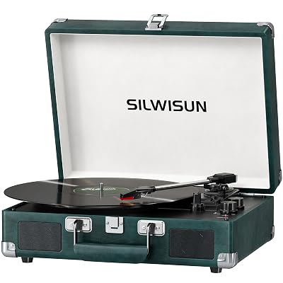 Vinyl Record Player with Speakers Vintage Bluetooth Turntable, Battery Powered Portable Pink Vinyl Player, Retro Suitcase Phonograph, 3-Speed Lp Player RCA Out AUX in Headphone Jack (Emerald)