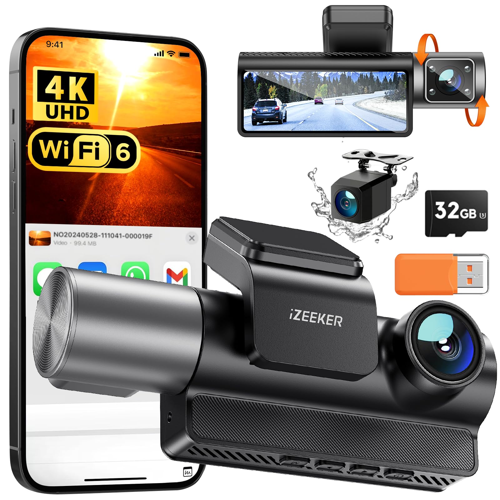 iZEEKER 3-Channel 4K Dash Cam with FREE 32GB Card, 4K+1080P+1080P Front & Rear & Interior Dashcam with WDR, IR Night Vision, WiFi 6, 170° Wide Angle, Loop Recording, G-Sensor, 24H Parking Mode