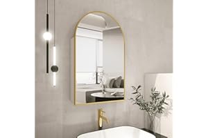 FUNFOLLOW Bathroom Medicine Cabinet with Mirror, Gold Arched Medicine Cabinet Wall Mounted, Modern Vanity Mirror with Storage, Mirrored Cabinet with Adjustable Shelves, Not Recessed, 20x32 Inch