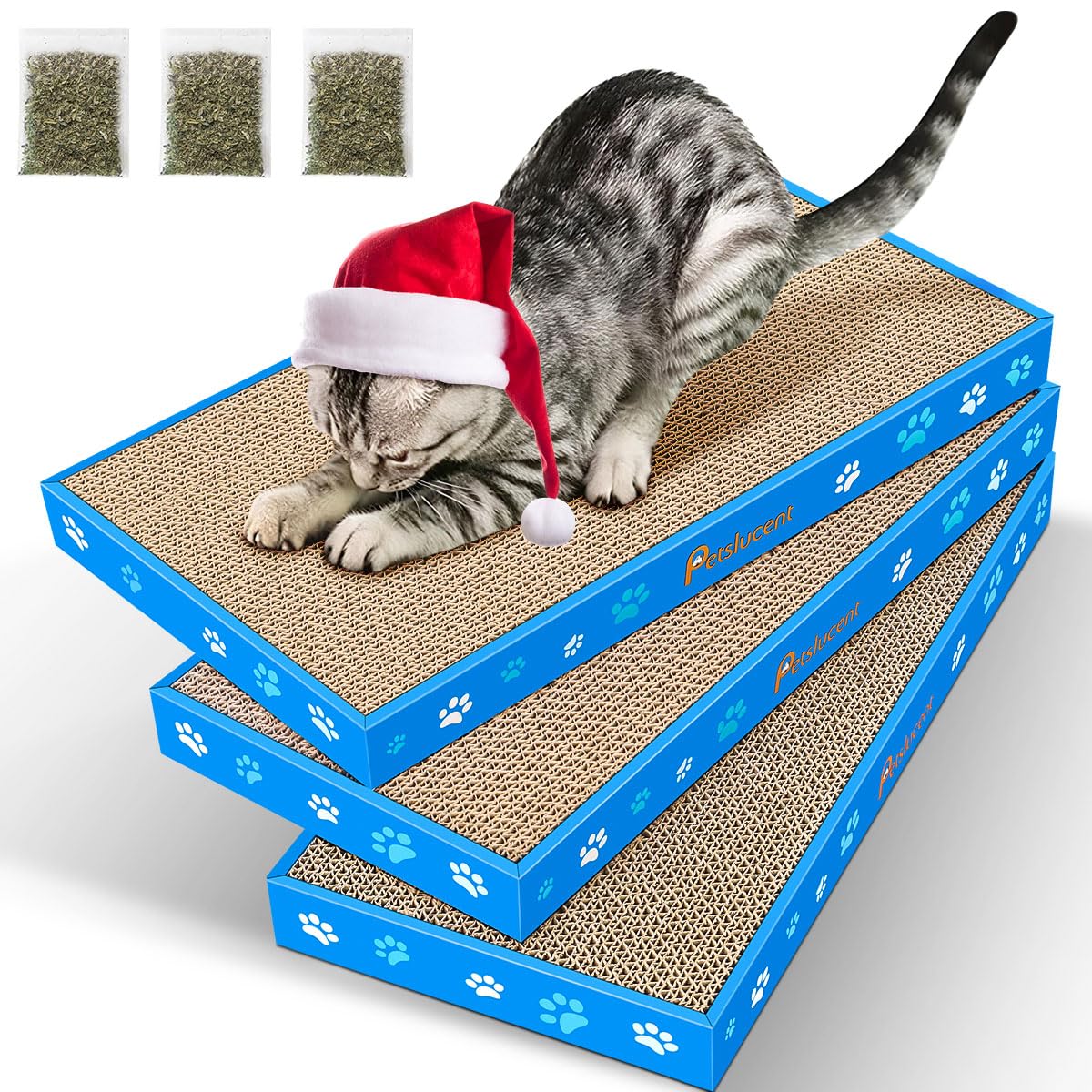 Petslucent Cat Scratching Board, Corrugate Cat Scratcher for Indoor Cats with Box, Scratch Pad with Catnip, Cardboard Double-Sided Usability (3PCS)