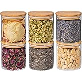 Xoniwis 20oz 6PCS Round Airtight Glass Food Storage Jars, Clear Glass Food Container with Bamboo Lid, Stackable Spice Jar, Small Kitchen Storage for Sugar, Tea, Coffee bean, Pasta, Oat, Spice