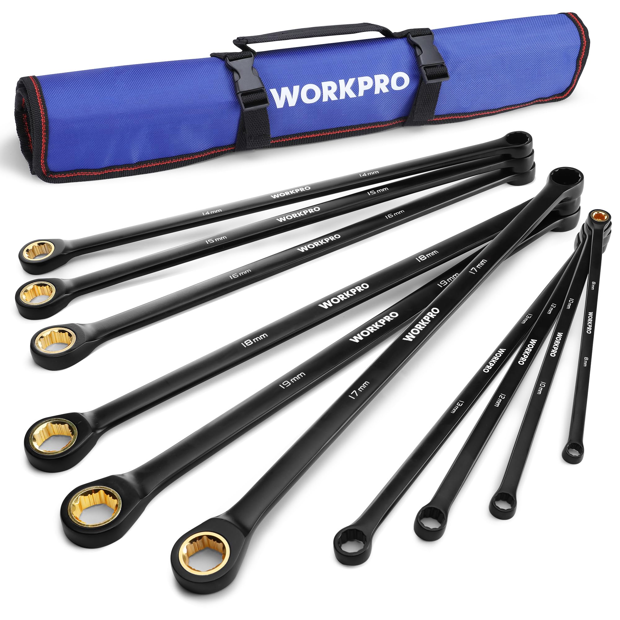 Photo 1 of WORKPRO Extra Long Ratcheting Wrench Set, 10-Piece Anti-Slip Double Box Wrenches Set, Metric 8-19 mm, 72-Teeth, Cr-V Steel and Black Electrophoretic Coating Wrenches with Rolling Pouch