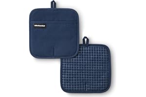 KITCHENAID Gourmet Series Gridlines Pot Holders 2-Pack Set, Heat Resistant up to 600°F, Soft Silicone Grip, Magnetic Cuff, Ink Blue, 8"x8"