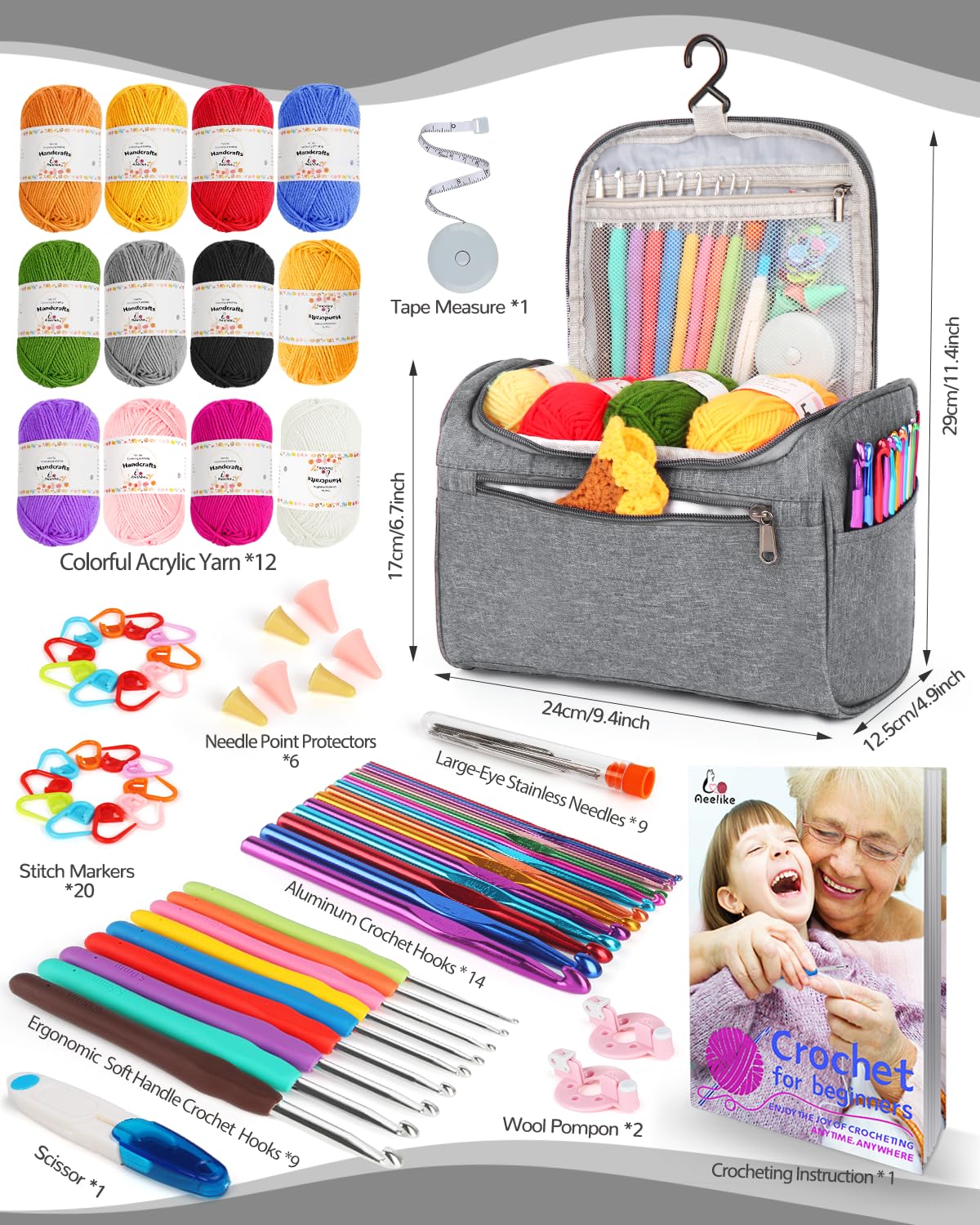Aeelike Crochet Kit for Beginners Young and Old, First Crochet Kit for Adults Include 23pcs Crochet Hooks, 655 Yards Yarn Set for Crocheting, Instruction, Bag, Crochet Accessories and Supplies, Grey