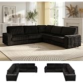 UQGVML Black Sectional Couches for Living Room, Solid Wood Frame (Black) | Oversized Corduroy Sectional Sofa with Hidden Storage Armrests &amp; Built-in Cup Holders, L Shaped Corner Sofa