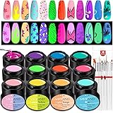 Saviland 2-In-1 Glow in The Dark Gel Paint Set - Luminous Gel Nail Polish Nail Kit with 15pcs Nail Brush, 12 Colors Neon Pain