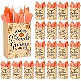 Sweetude 25 Sets Friendsgiving Gift Bags Happy Thanksgiving Party Favors Paper Bags with Handle and Tissue Pumpkin Goodie Treat Gift Containers for Fall Holiday Party Supplies, 5.9 x 3.15 x 8.27 Inch