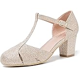 Women's T-Strap Block Heel Pumps, Ankle Buckle Closure, Classic Cut Out Round Toe Dress Shoes