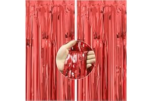 TOPPOT 2 Pack 3.3x8.2 ft Red Foil Fringe Curtains Backdrop, Tinsel Curtain Backdrop, Streamer Backdrop for Birthday Party, Graduation and Most Common Holiday Party Decorations