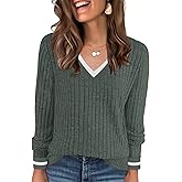 Kopinma V Neck Long Sleeve Shirts for Women Fall 2025 Casual Business Ribbed Knit Sweater Cute Work Outfits