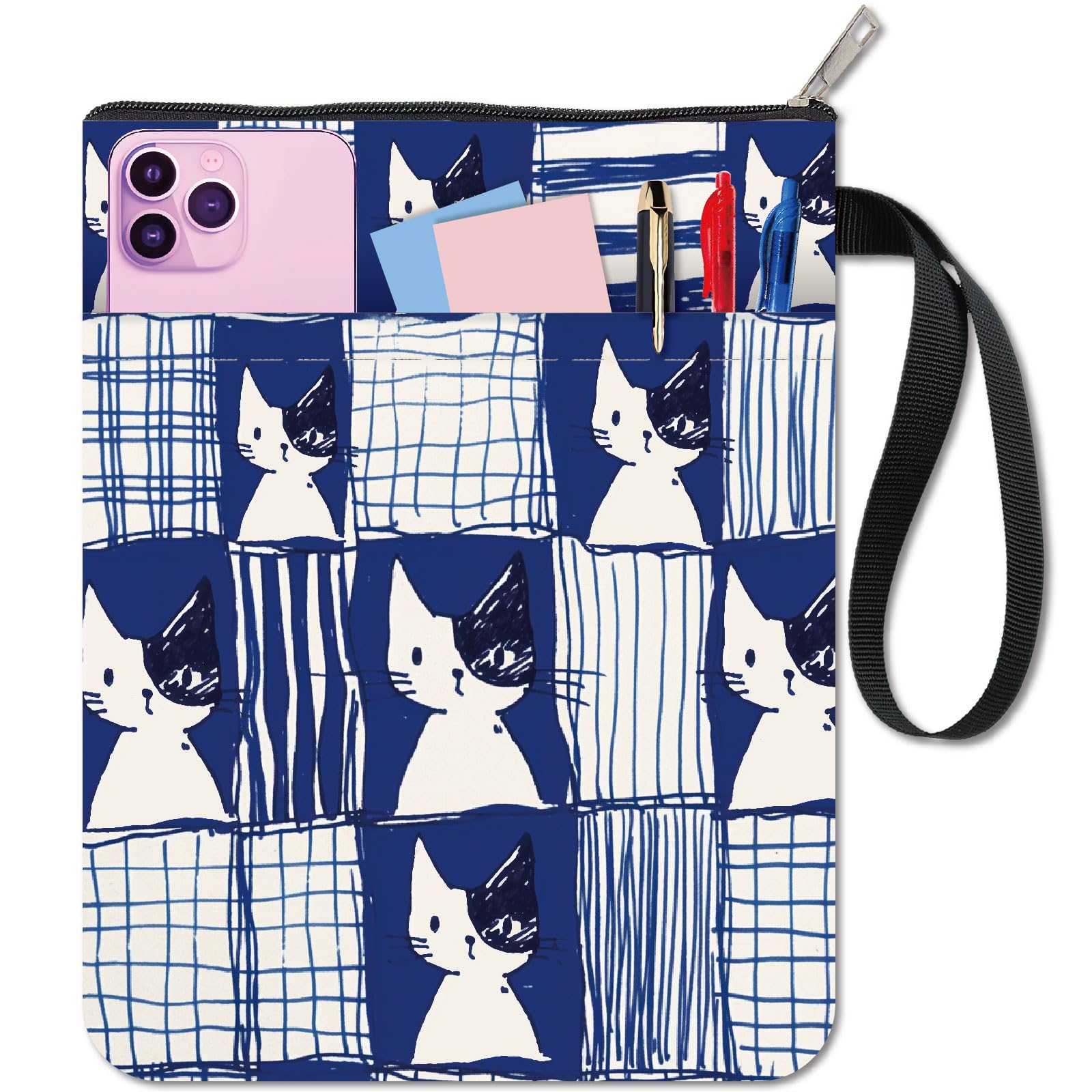 CRASPIRE Cat Book Sleeve Cartoon Animal Book Covers Blue Book Protector for Paperbacks Washable Fabric Cloth Book Cover with Zipper and Extra Sleeve Pocket for Book Lovers Classmate Xmas Gifts