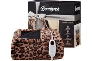 Beautyrest Long Brushed Faux Fur Ogee Textured Design Electric Blanket, Auto Shut Off, Virtually Zero EMF, Multi Heat Setting, UL Certified, Machine Washable, Leopard Throw 50x60