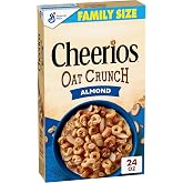 Cheerios Oat Crunch Almond Cereal, Whole Grain, Family Size, 24 oz | 25% More Almonds, 30g Whole Grain, Helps Keep You Full, Great for Trail Mix or After-School Snacks