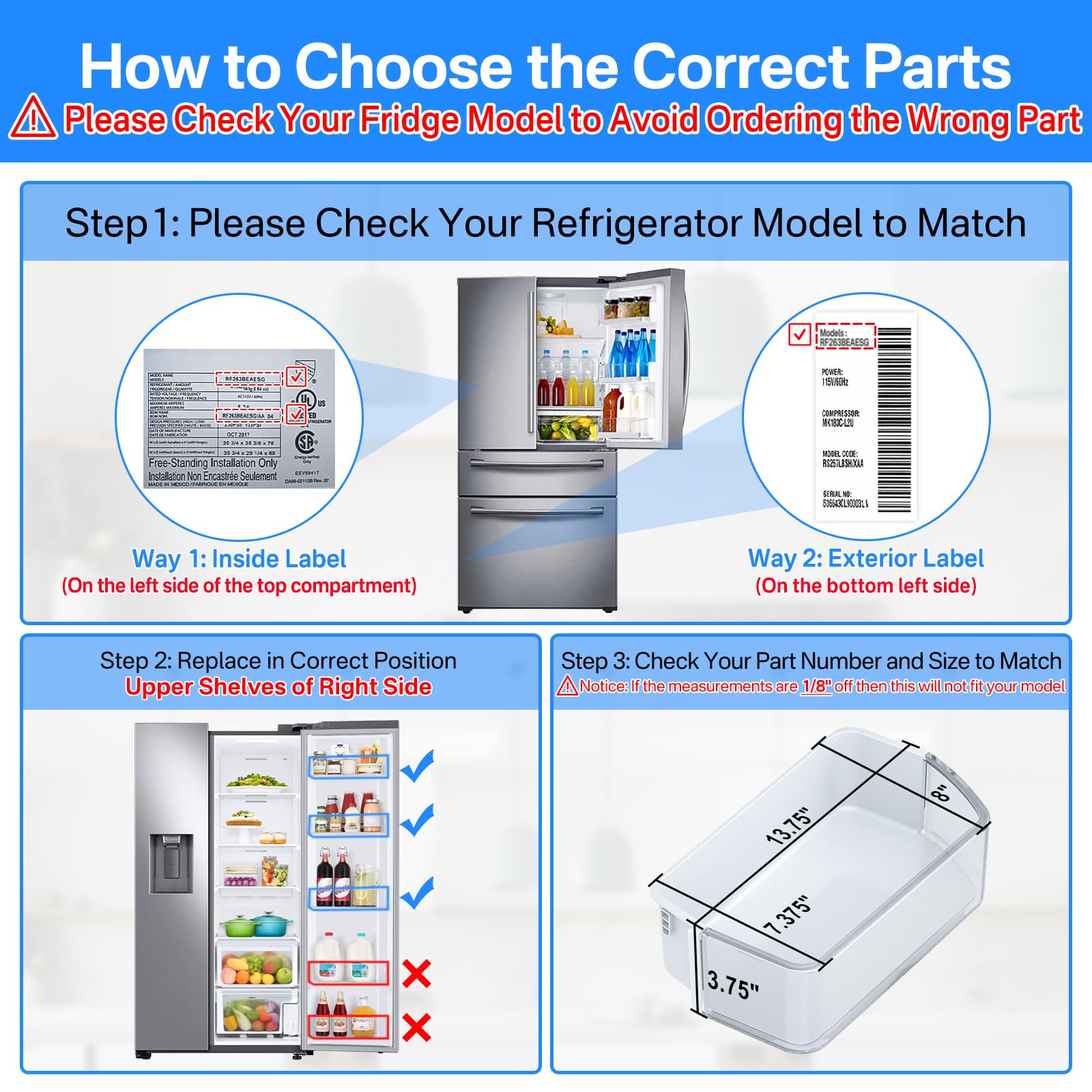 DA97-12650A Door Shelf Bin Right Side for Samsung Refrigerator Door Shelf Replacement for Samsung RF263BEAESR RF261BEAESR RF260BEAESR Door Bin for Samsung Fridge Door Shelves With 5 Fridge Magnets