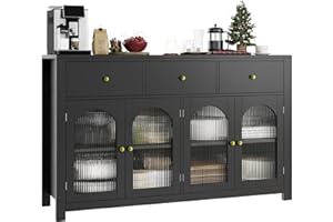 FINETONES Buffet Cabinet with Storage, 55.1" Large Sideboard Buffet Farmhouse Kitchen Cabinet with 3 Drawers and 4 Doors, Wood Coffee Bar for Kitchen, Black