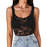 LYANER Women's Floral Lace Scallop Spaghetti Strap Sleeveless Sheer Tank Cami Top Blouse