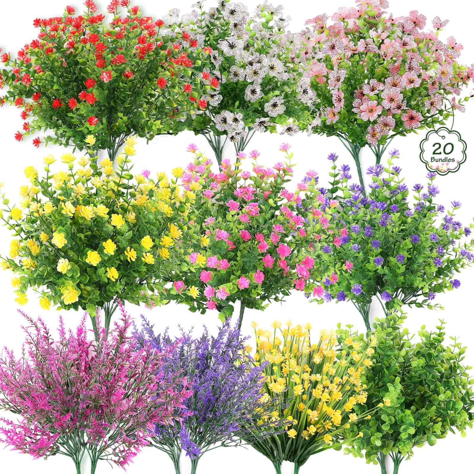 Photo 1 of 20 Bundles Realistic Artificial Flowers for Outdoors, UV Resistant No Fade Fake Flowers with Plastic Faux Shrubs Plants for Garden Patio Porch Window Box Home Wedding Farmhouse Outside Hanging Decor