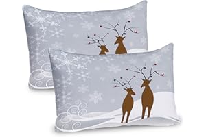Ambesonne Christmas Pillow Sham Set of 2, Reindeers at Noel Time Yule with Snowflakes in Winter Santa Print, Quality Microfiber Bedding Item for All Seasons, 30" X 20", Grey White