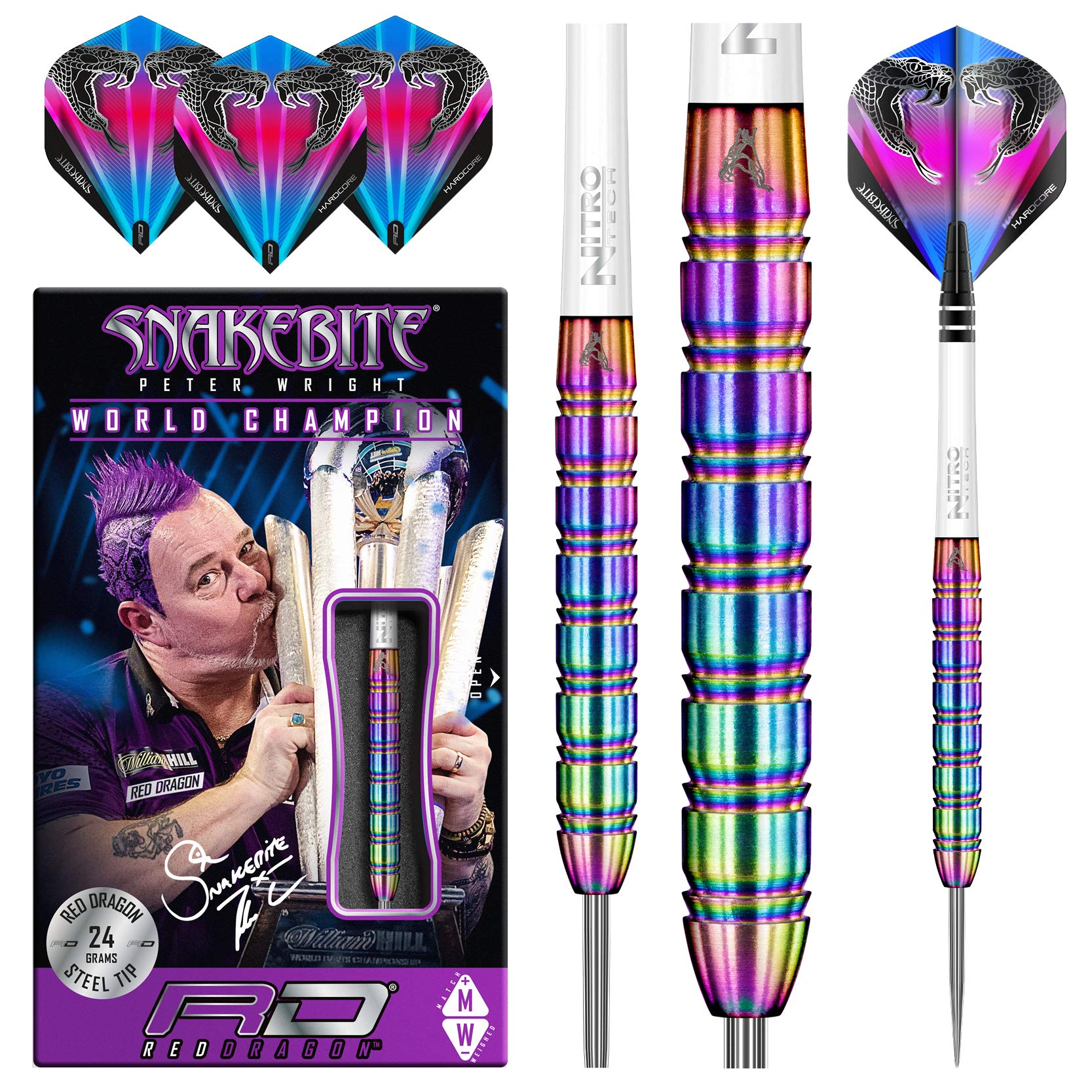RED DRAGON Darts – Peter Wright Snakebite 1 Series 24g – Professional 85% Tungsten Steel Tip Darts Set with Dart Flights and Shafts
