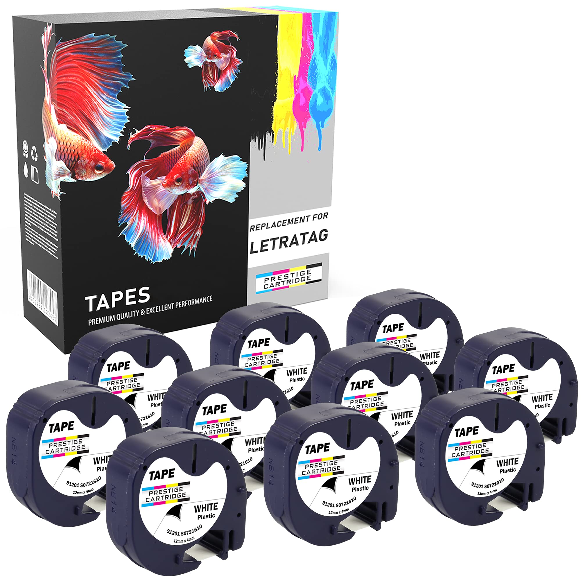Prestige Cartridge 10 Compatible 91201 S0721610 S0721660 Black on White 12mm x 4m Plastic Label Tapes for LetraTag LT100H LT100T LT110T QX50 XR XM 2000 Plus Label Makers