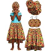 ROLVNHTV 6 Pcs Girls African Skirt Head Wrap Set Black History Month Attire Dress Juneteeth Earrings African Outfits