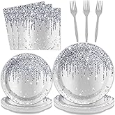 96 Pieces Silver Glitter Party Tableware Set for Denim and Diamonds Party Decorations Silver Plates and Napkins Forks Glitter Diamonds Theme Birthday Table Decorations for 24 Guests Parties Supplies