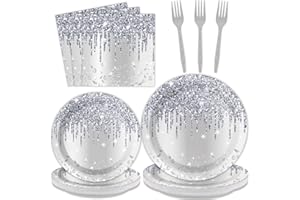 ZOIIWA 96 Pieces Silver Glitter Party Tableware Set for Denim and Diamonds Party Decorations Silver Plates and Napkins Forks Glitter Diamonds Theme Birthday Table Decorations for 24 Guests Parties Supplies