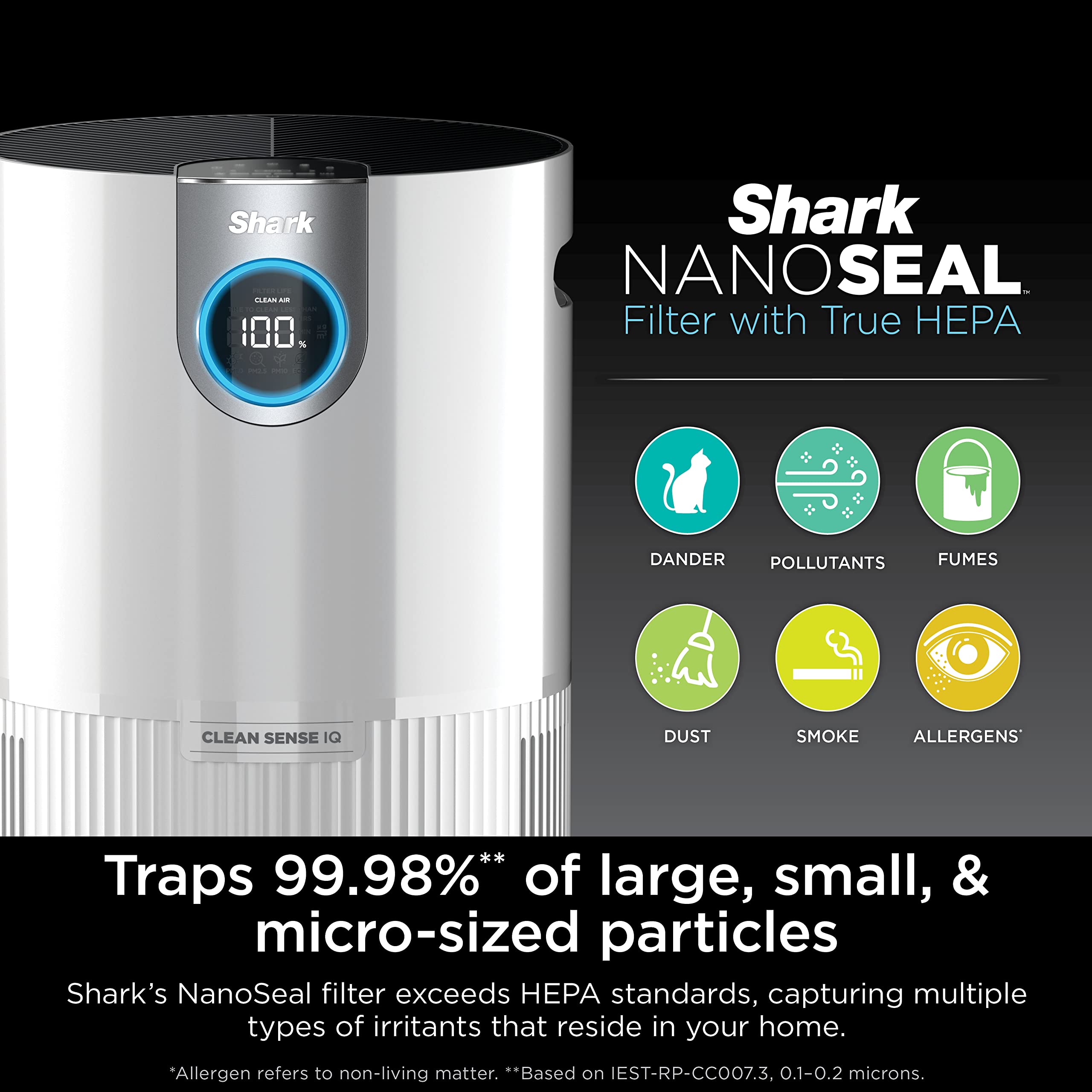 Shark Air Purifier for Home Large Room, Clean Sense Technology, HEPA Air Filter, 1000 Sq Ft, Kitchen, Filters Smoke, Captures 99.98% of Particles, Pet Dander, Pollutants, Dust, Allergens, HP201