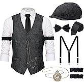YESSA 1920s Mens Costume,Roaring 20s Costumes for Men,Gatsby Costume Men,1920s Mens Outfit Hat Vest Pocket Watch Tie