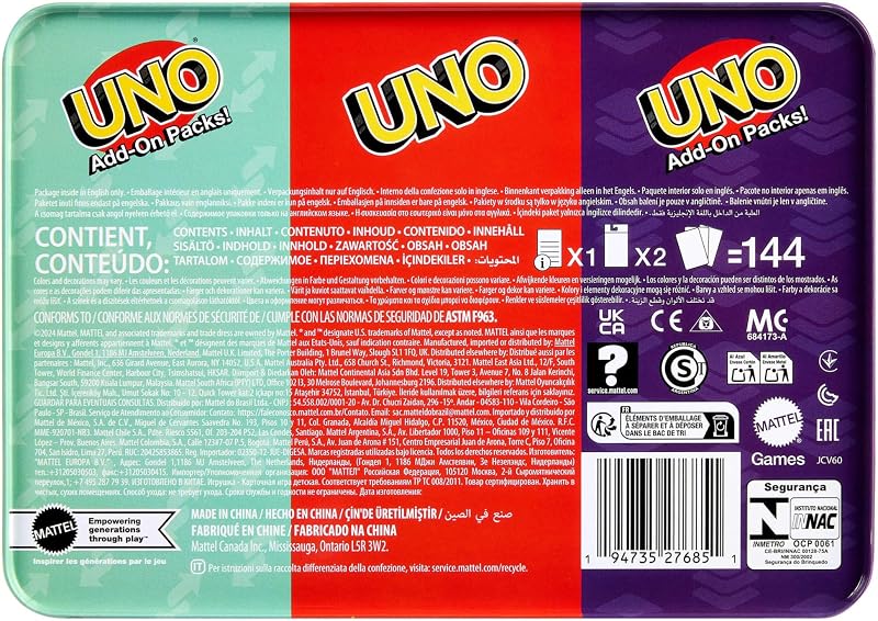 Mattel Games UNO com 2 Pacotes de Expansão e Caixa de Metal Colecionável para Crianças, Adultos e Noites de Jogo em Família, 2 a 10 Jogadores, JCV60