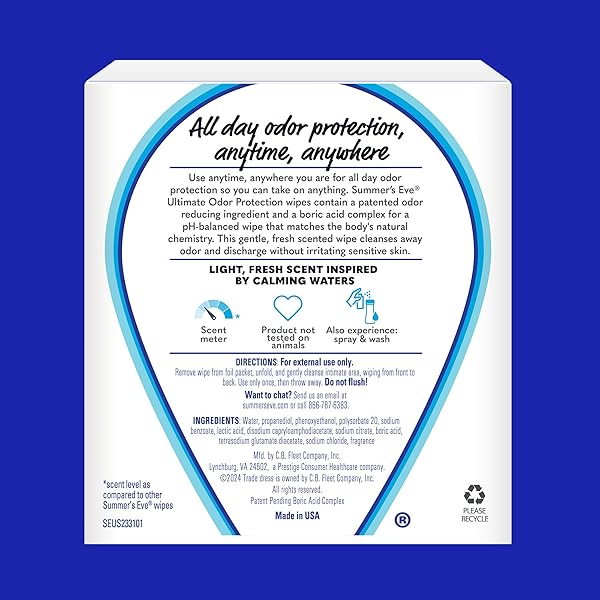 SUMMER’S EVE ULTIMATE ODOR PROTECTION DAILY FEMININE WIPES, GENTLE PH-BALANCED FORMULA WITH BORIC ACID CLEANSES & REMOVES VAGINAL ODOR, INDIVIDUALLY WRAPPED BODY WIPES, 12 COUNT