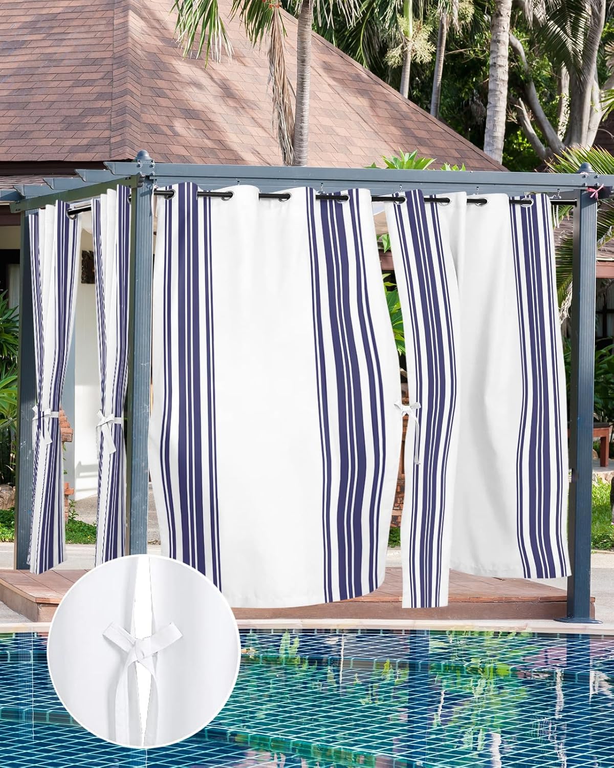 Outdoor Curtains - Chucoco Outdoor Curtains for Patio Porch Waterproof Curtain 2 Panels, Nautical Navy Blue Vertical Striped Outside Grommet Curtain Drape with Tieback,52