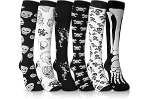 Fourluoo 6 Pairs Skeleton Socks Women Men Goth Skull Knee High Compression Socks for Halloween Nurses Running